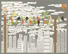 Load image into Gallery viewer, Greeting Card  #1 Urban Respite, birds perched on power line with cityscape in distance by artist Elizabeth VanDuine