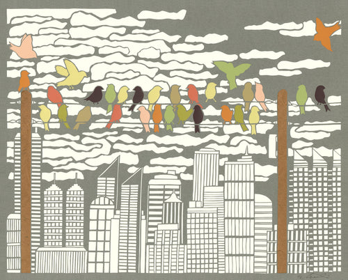 Greeting Card  #1 Urban Respite, birds perched on power line with cityscape in distance by artist Elizabeth VanDuine