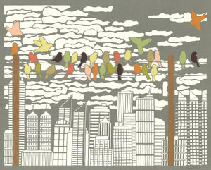 Greeting Card  #1 Urban Respite, birds perched on power line with cityscape in distance by artist Elizabeth VanDuine