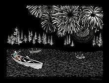 Load image into Gallery viewer, Greeting Card #14 Boom rowboats on the water with fireworks in the sky by artist Elizabeth VanDuine