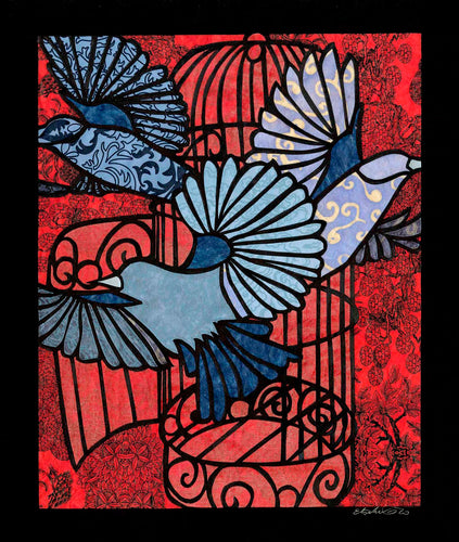Greeting Card #17 Great Escape, birds flying out of birdcage by artist Elizabeth VanDuine