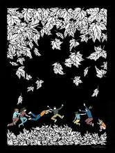 Load image into Gallery viewer, Greeting Card  #12 1...2...3! friends jumping in fall leaves by artist Elizabeth VanDuine