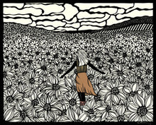 Load image into Gallery viewer, Alone Not Lonely- woman standing in field of flowers by paper cut artist Elizabeth VanDuine