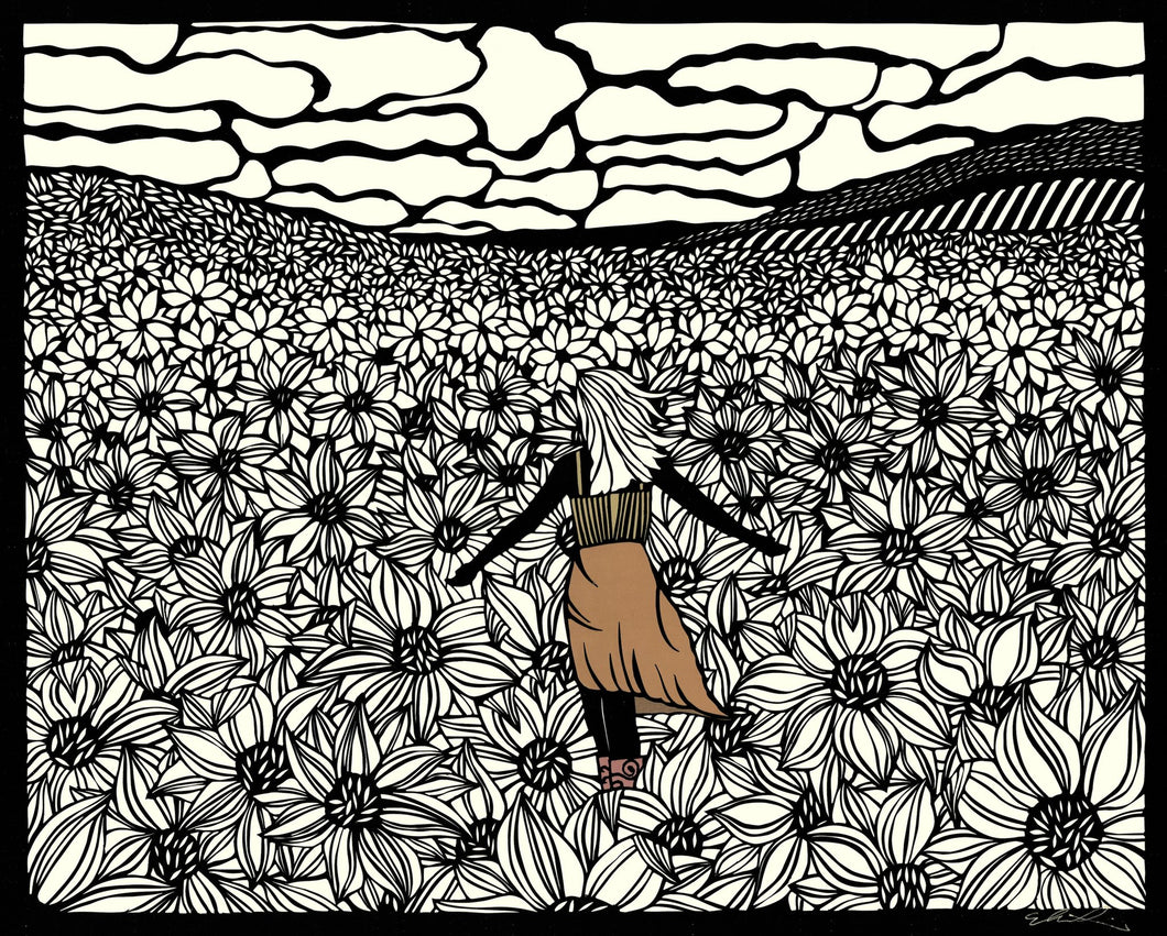 Alone Not Lonely- woman standing in field of flowers by paper cut artist Elizabeth VanDuine