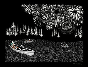 Greeting Card #14 Boom rowboats on the water with fireworks in the sky by artist Elizabeth VanDuine
