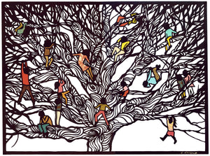 Greeting Card #15 Climbers, children climbing on large tree by artist Elizabeth VanDuine