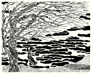Greeting Card #10 Drawn, woman with tree standing by the water by artist Elizabeth VanDuine