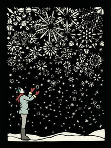 11" x 14" Poster #38 First Flakes, woman catching falling snowflakes by artist Elizabeth VanDuine