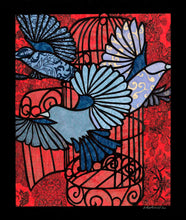 Load image into Gallery viewer, Greeting Card #17 Great Escape, birds flying out of birdcage by artist Elizabeth VanDuine