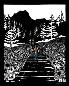 Greeting Card  #19 Happy Place, people hiking trail with mountain, trees and flowers by artist Elizabeth VanDuine