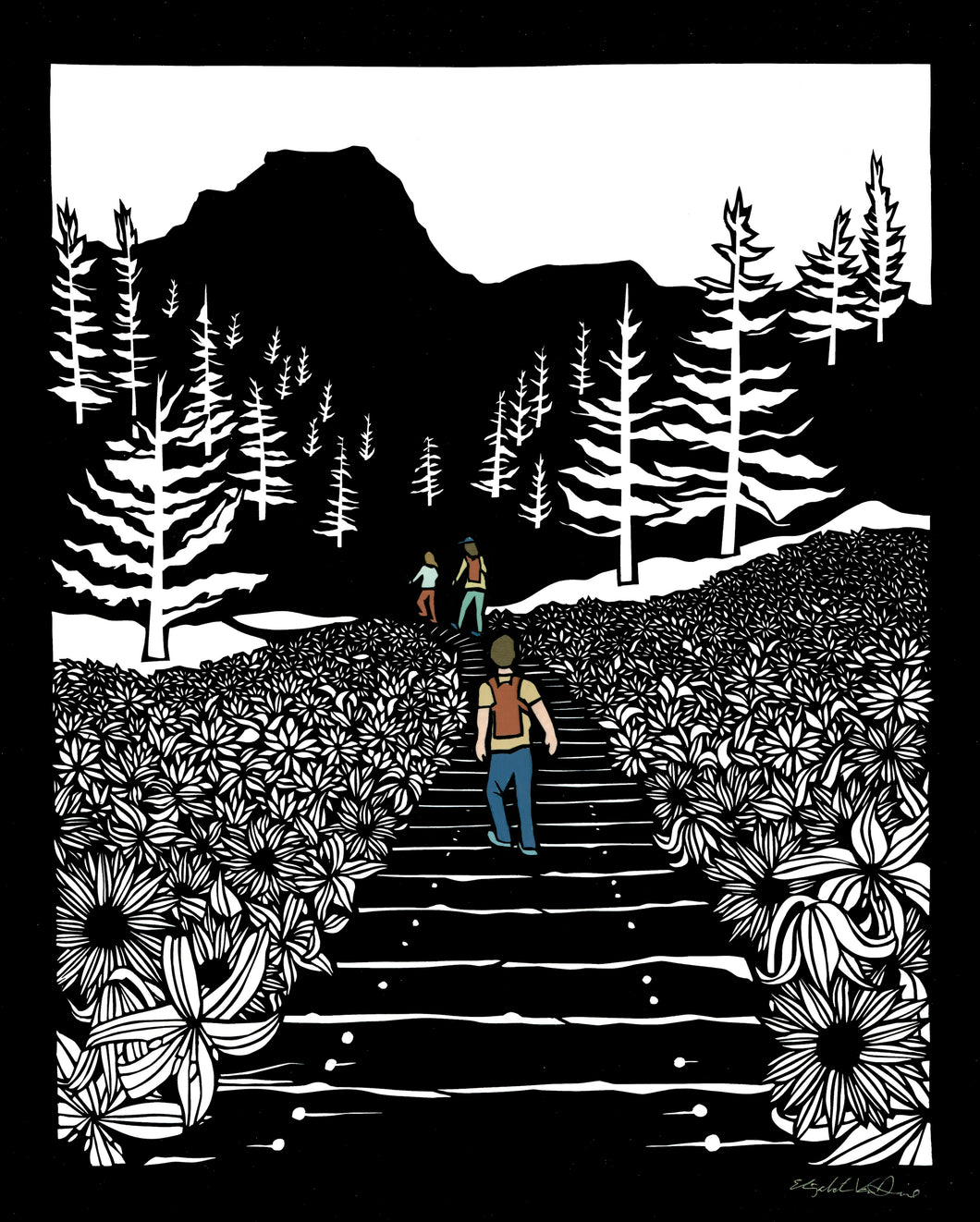 Greeting Card  #19 Happy Place, people hiking trail with mountain, trees and flowers by artist Elizabeth VanDuine