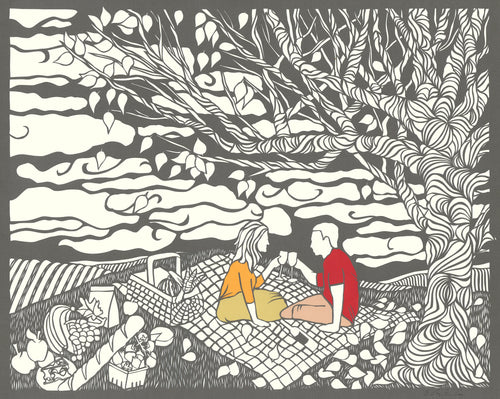 Greeting Card #11 Last Chance, couple toasting on picnic blanket by artist Elizabeth VanDuine
